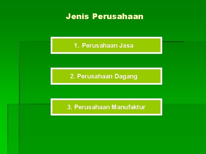 Jenis Perusahaan 1. Perusahaan Jasa 2. Perusahaan Dagang 3. Perusahaan Manufaktur 
