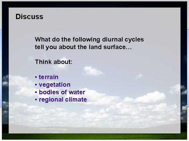 Discuss What do the following diurnal cycles tell you about the land surface… Think