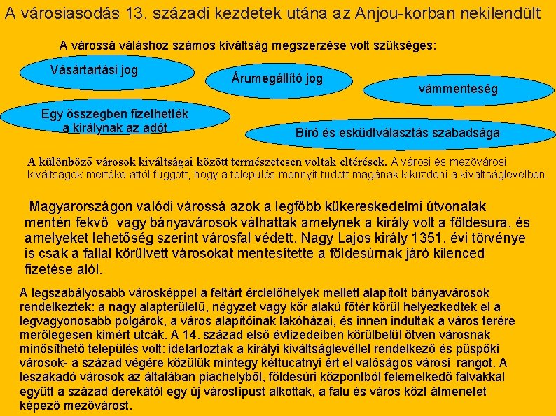 A városiasodás 13. századi kezdetek utána az Anjou-korban nekilendült A várossá váláshoz számos kiváltság