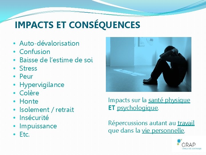 IMPACTS ET CONSÉQUENCES • • • Auto-dévalorisation Confusion Baisse de l’estime de soi Stress
