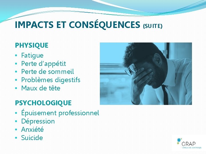 IMPACTS ET CONSÉQUENCES (SUITE) PHYSIQUE • Fatigue • Perte d’appétit • Perte de sommeil
