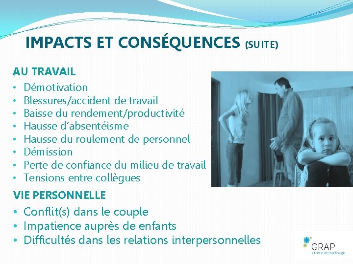 IMPACTS ET CONSÉQUENCES (SUITE) AU TRAVAIL • Démotivation • Blessures/accident de travail • Baisse