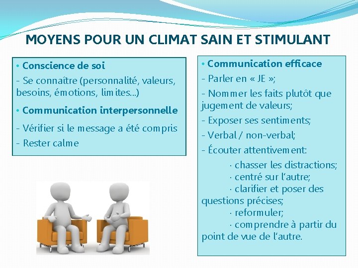 MOYENS POUR UN CLIMAT SAIN ET STIMULANT • Conscience de soi • Communication efficace