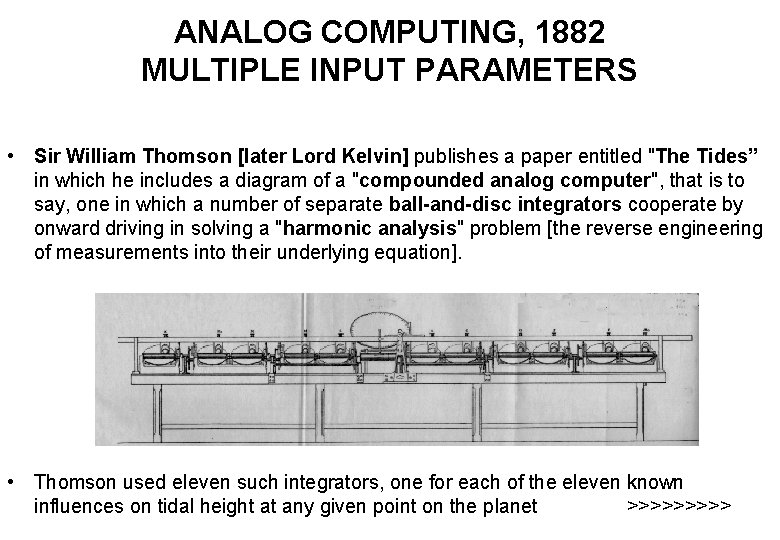 ANALOG COMPUTING, 1882 MULTIPLE INPUT PARAMETERS • Sir William Thomson [later Lord Kelvin] publishes