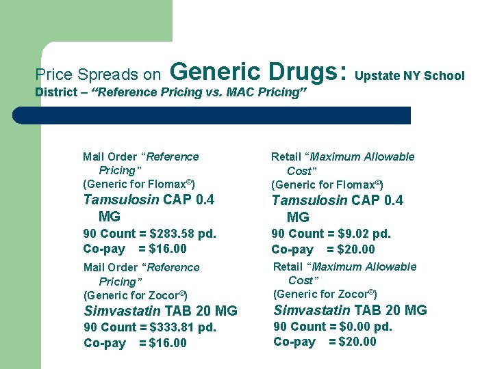 Price Spreads on Generic Drugs: Upstate NY School District – “Reference Pricing vs. MAC