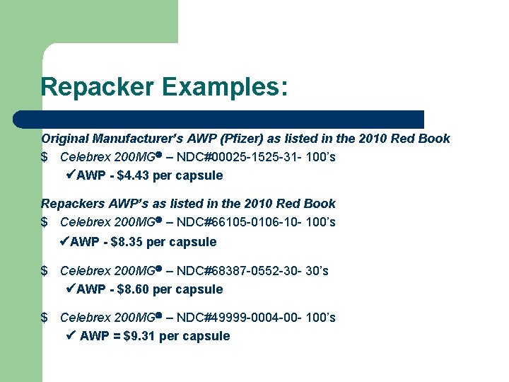 Repacker Examples: Original Manufacturer’s AWP (Pfizer) as listed in the 2010 Red Book $