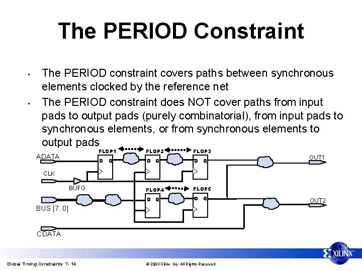 The PERIOD Constraint • • The PERIOD constraint covers paths between synchronous elements clocked