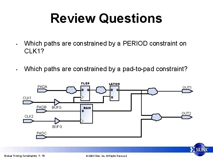 Review Questions • • Which paths are constrained by a PERIOD constraint on CLK