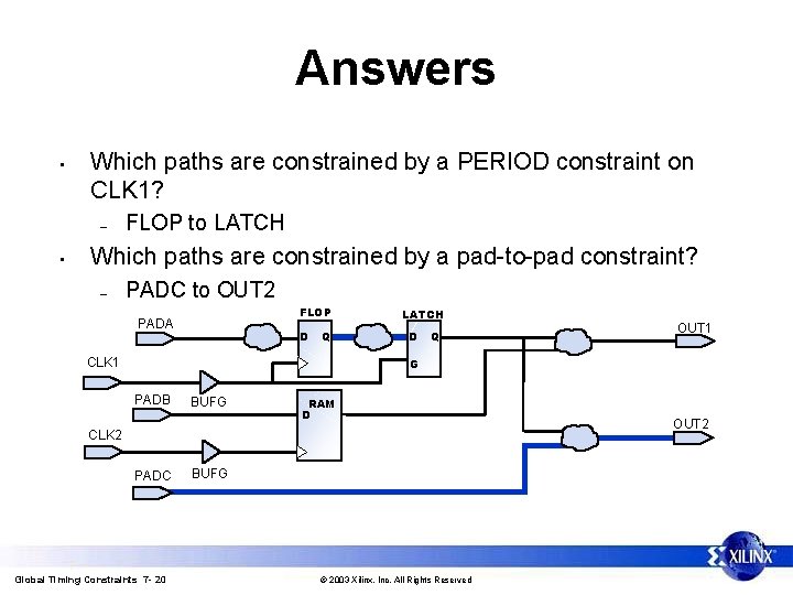Answers • Which paths are constrained by a PERIOD constraint on CLK 1? –