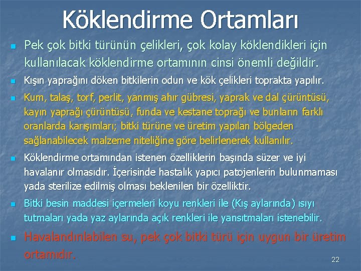 Köklendirme Ortamları n n n Pek çok bitki türünün çelikleri, çok kolay köklendikleri için