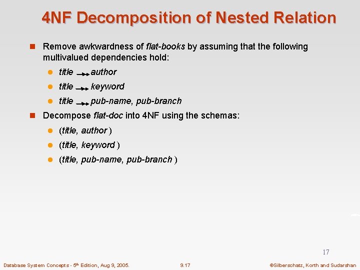 4 NF Decomposition of Nested Relation n Remove awkwardness of flat-books by assuming that