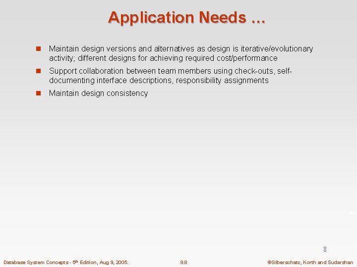 Application Needs … n Maintain design versions and alternatives as design is iterative/evolutionary activity;