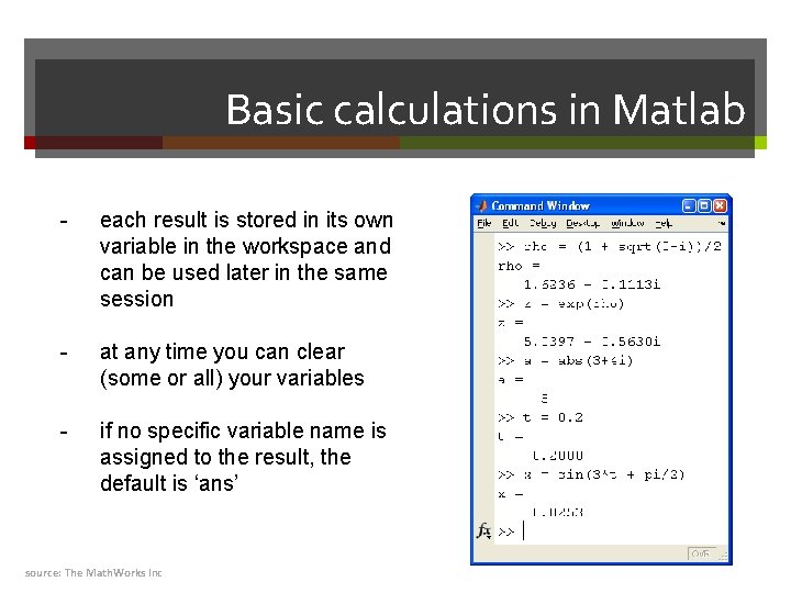 Basic calculations in Matlab - each result is stored in its own variable in