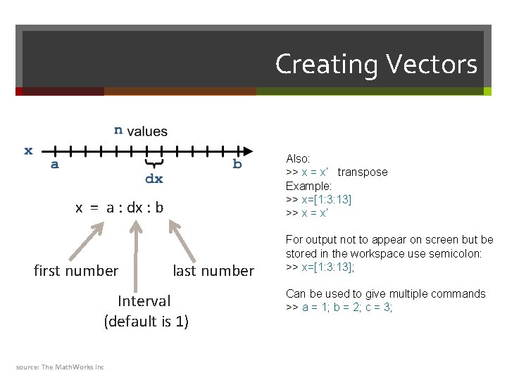 Creating Vectors Also: >> x = x’ transpose Example: >> x=[1: 3: 13] >>