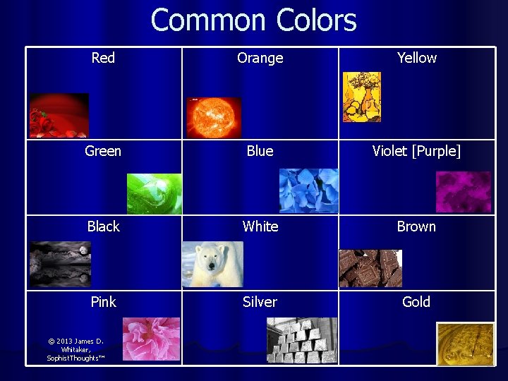 Common Colors Red Orange Yellow Green Blue Violet [Purple] Black White Brown Pink Silver