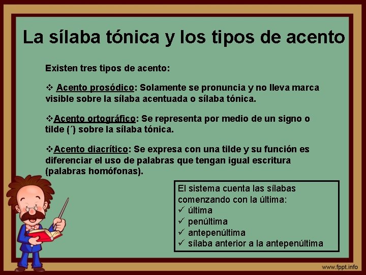 La sílaba tónica y los tipos de acento Existen tres tipos de acento: v