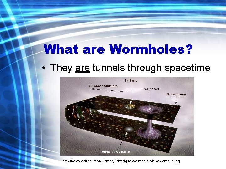 What are Wormholes? • They are tunnels through spacetime http: //www. astrosurf. org/lombry/Physique/wormhole-alpha-centauri. jpg