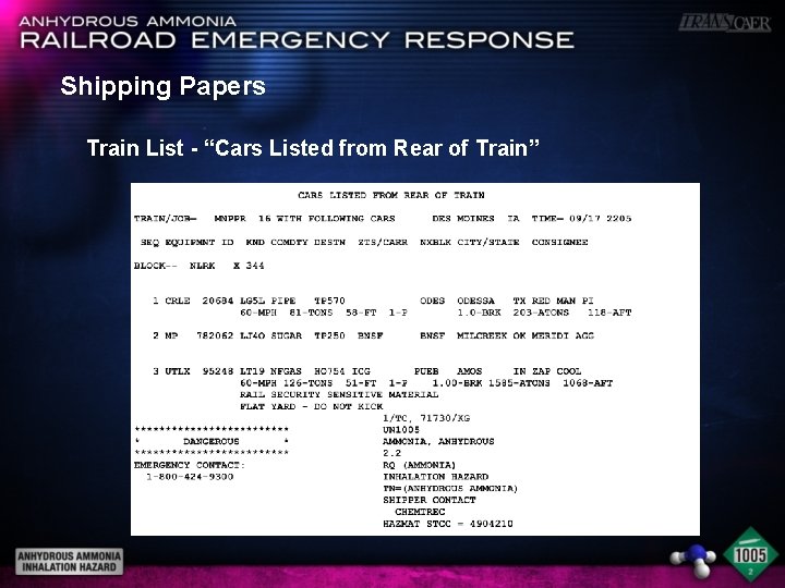 Shipping Papers Train List - “Cars Listed from Rear of Train” 