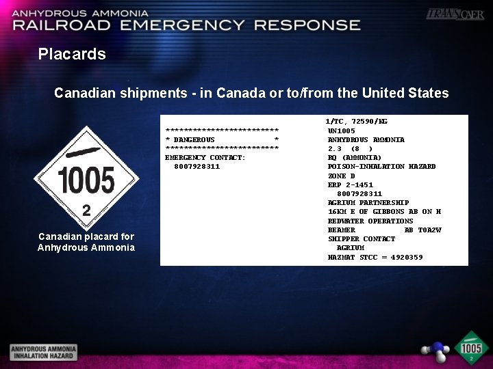 Placards Canadian shipments - in Canada or to/from the United States 1/TC, 72590/KG Canadian