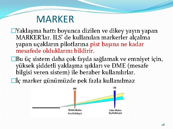 MARKER �Yaklaşma hattı boyunca dizilen ve dikey yayın yapan MARKER’lar. ILS' de kullanılan markerler MARKER �Yaklaşma hattı boyunca dizilen ve dikey yayın yapan MARKER’lar. ILS' de kullanılan markerler