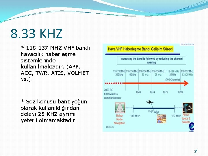 8. 33 KHZ * 118 -137 MHZ VHF bandı havacılık haberleşme sistemlerinde kullanılmaktadır. (APP,