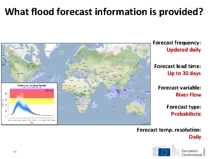 What flood forecast information is provided? Forecast frequency: Updated daily Forecast lead time: Up