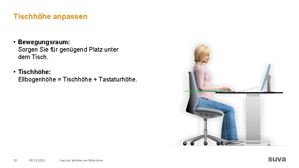 Tischhöhe anpassen • Bewegungsraum: Sorgen Sie für genügend Platz unter dem Tisch. • Tischhöhe: Tischhöhe anpassen • Bewegungsraum: Sorgen Sie für genügend Platz unter dem Tisch. • Tischhöhe: