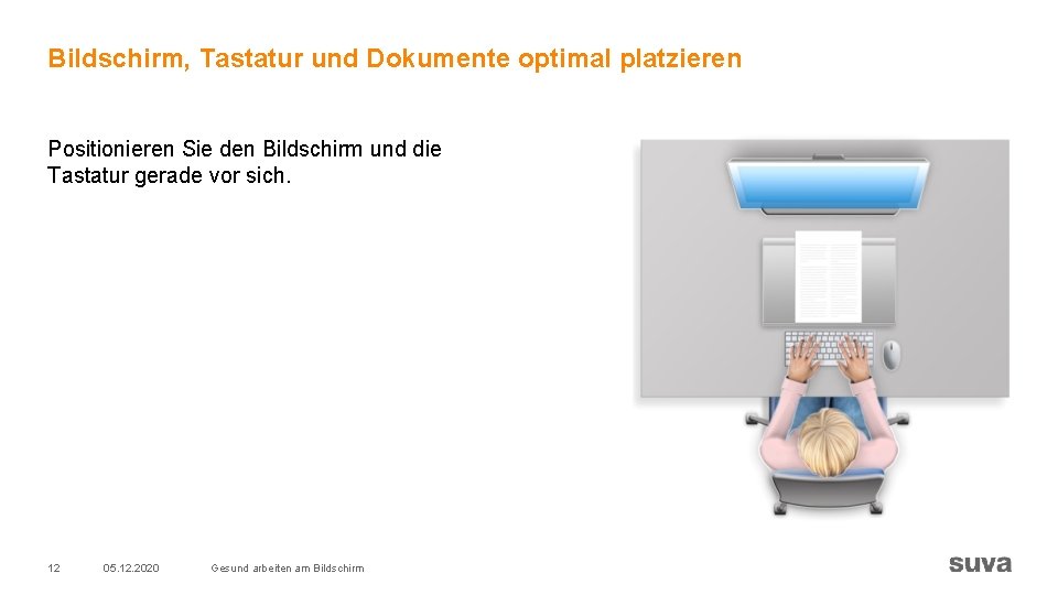 Bildschirm, Tastatur und Dokumente optimal platzieren Positionieren Sie den Bildschirm und die Tastatur gerade Bildschirm, Tastatur und Dokumente optimal platzieren Positionieren Sie den Bildschirm und die Tastatur gerade