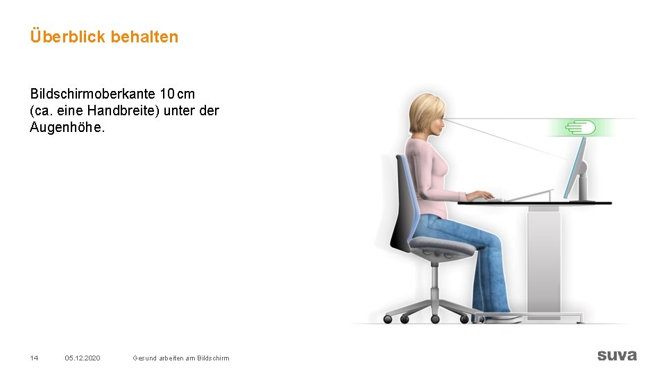Überblick behalten Bildschirmoberkante 10 cm (ca. eine Handbreite) unter der Augenhöhe. 14 05. 12. Überblick behalten Bildschirmoberkante 10 cm (ca. eine Handbreite) unter der Augenhöhe. 14 05. 12.