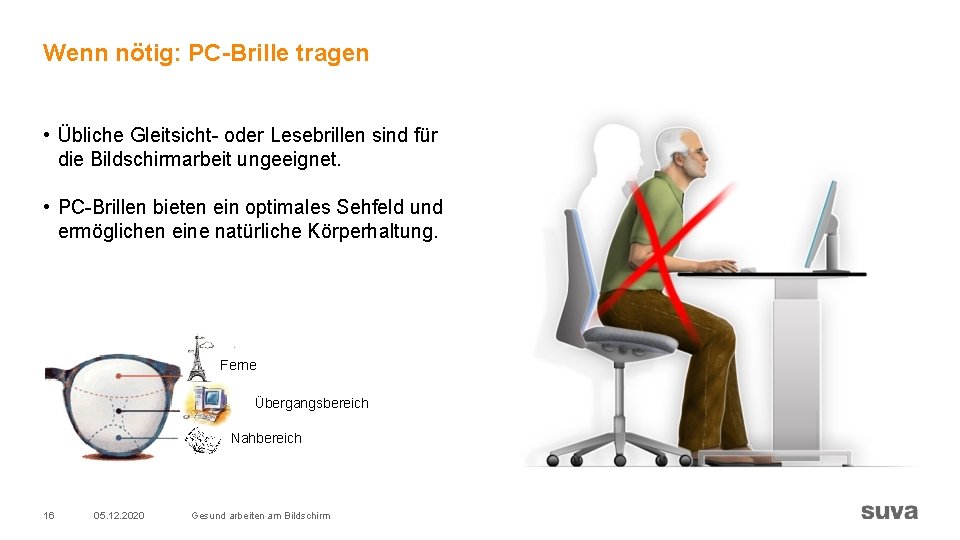 Wenn nötig: PC-Brille tragen • Übliche Gleitsicht- oder Lesebrillen sind für die Bildschirmarbeit ungeeignet. Wenn nötig: PC-Brille tragen • Übliche Gleitsicht- oder Lesebrillen sind für die Bildschirmarbeit ungeeignet.