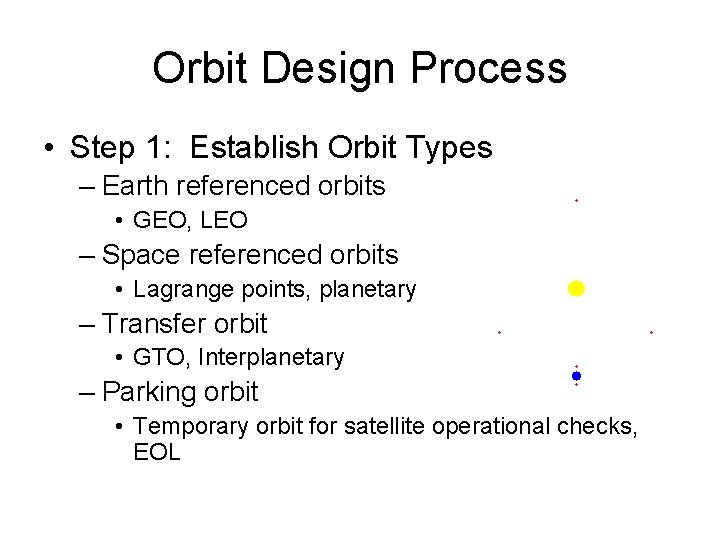 Orbit Design Process • Step 1: Establish Orbit Types – Earth referenced orbits •