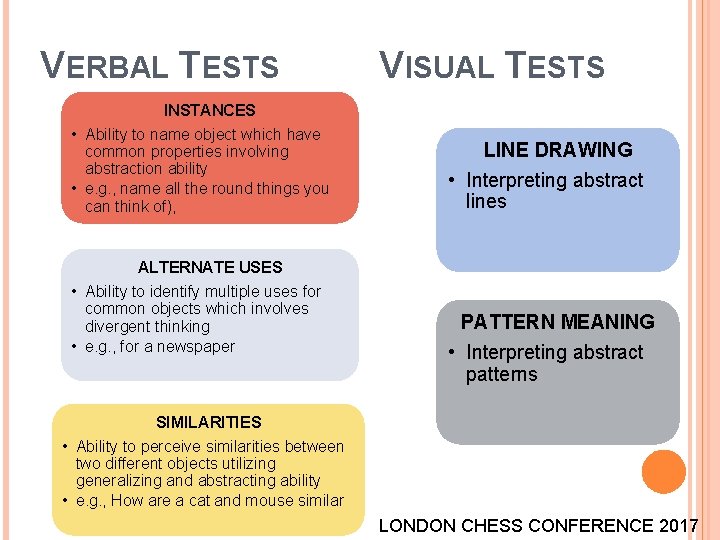 VERBAL TESTS VISUAL TESTS INSTANCES • Ability to name object which have common properties VERBAL TESTS VISUAL TESTS INSTANCES • Ability to name object which have common properties
