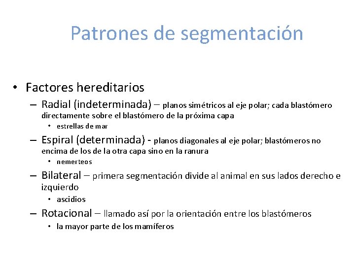 Patrones de segmentación • Factores hereditarios – Radial (indeterminada) – planos simétricos al eje