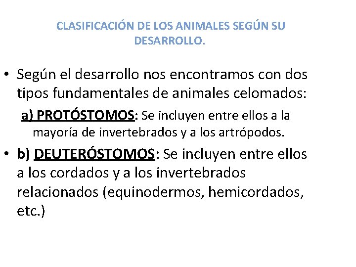 CLASIFICACIÓN DE LOS ANIMALES SEGÚN SU DESARROLLO. • Según el desarrollo nos encontramos con