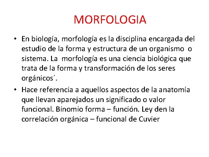 MORFOLOGIA • En biología, morfología es la disciplina encargada del estudio de la forma