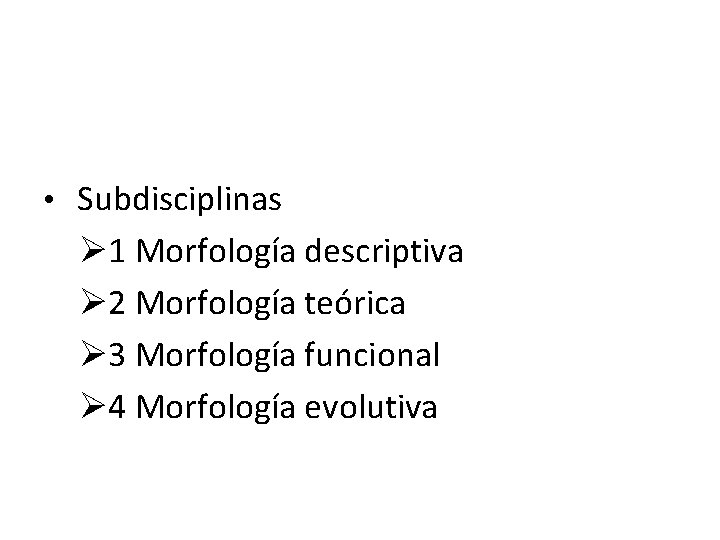 • Subdisciplinas Ø 1 Morfología descriptiva Ø 2 Morfología teórica Ø 3 Morfología