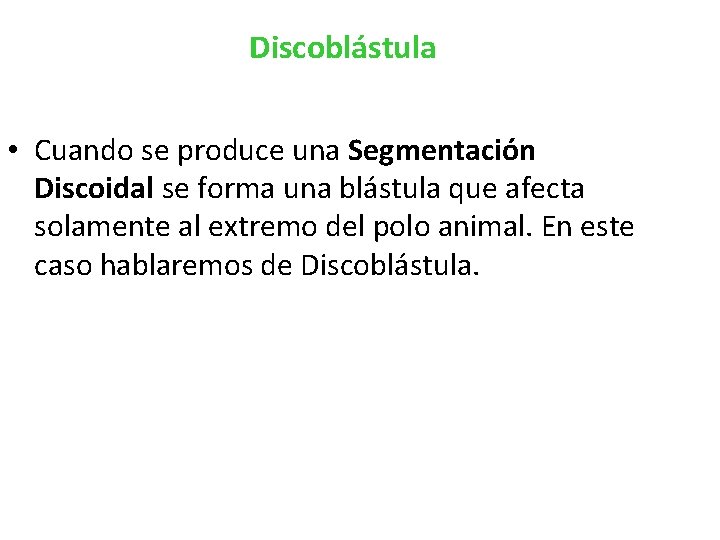 Discoblástula • Cuando se produce una Segmentación Discoidal se forma una blástula que afecta