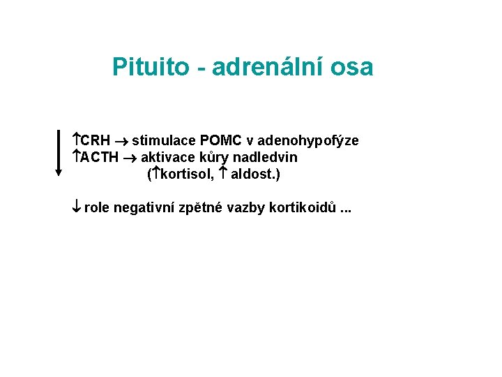 Pituito - adrenální osa CRH stimulace POMC v adenohypofýze ACTH aktivace kůry nadledvin (