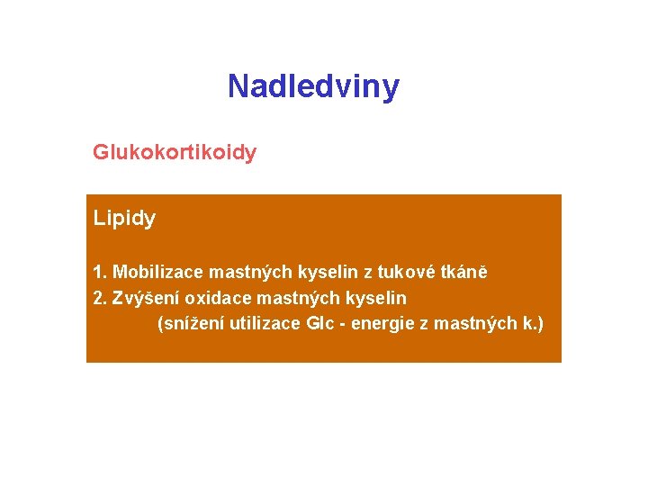 Nadledviny Glukokortikoidy Lipidy 1. Mobilizace mastných kyselin z tukové tkáně 2. Zvýšení oxidace mastných