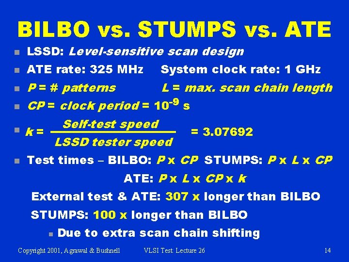 BILBO vs. STUMPS vs. ATE n LSSD: Level-sensitive scan design n ATE rate: 325