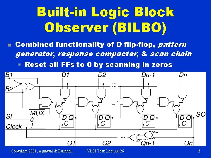 Built-in Logic Block Observer (BILBO) n Combined functionality of D flip-flop, pattern generator, response