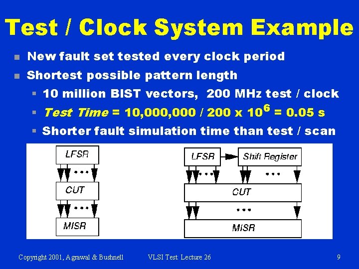 Test / Clock System Example n New fault set tested every clock period n