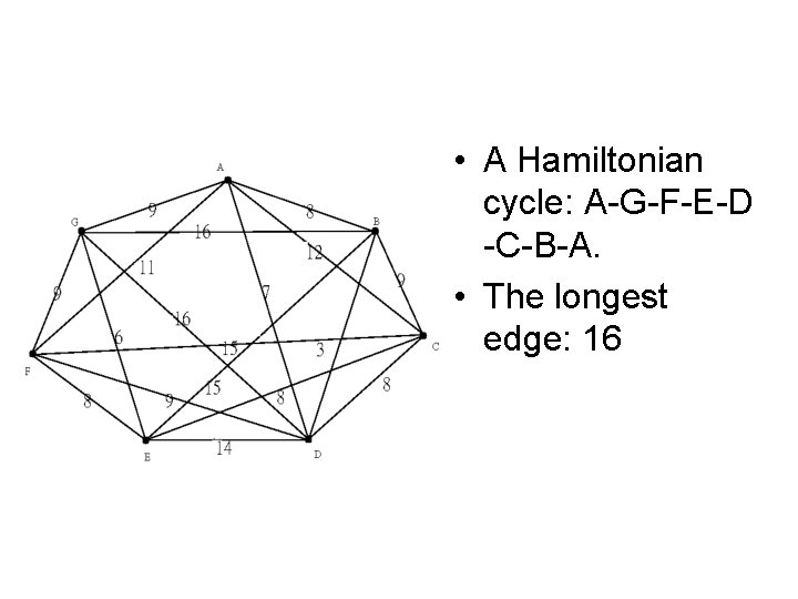 • A Hamiltonian cycle: A-G-F-E-D -C-B-A. • The longest edge: 16 