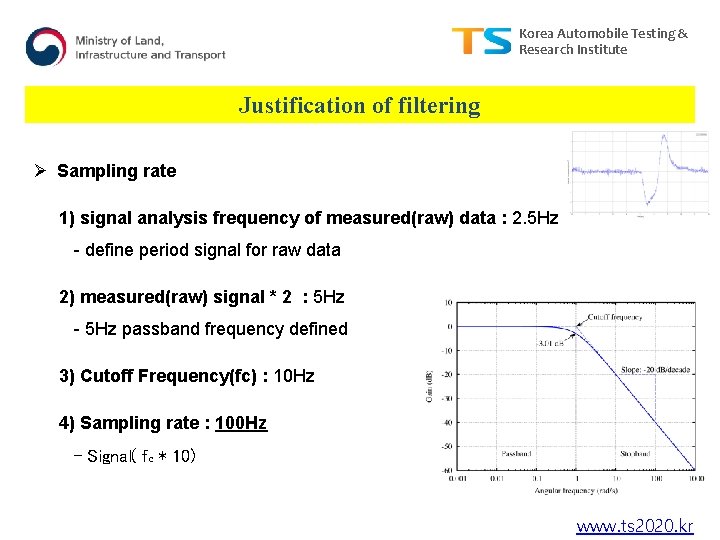 Korea Automobile Testing & Research Institute Justification of filtering Ø Sampling rate 1) signal