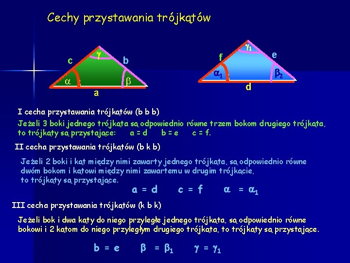 Cechy przystawania trójkątów c 1 f b 1 e 2 d a I cecha