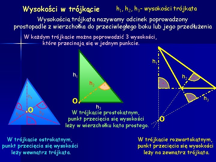 Wysokości w trójkącie h 1, h 2, h 3 - wysokości trójkąta Wysokością trójkąta