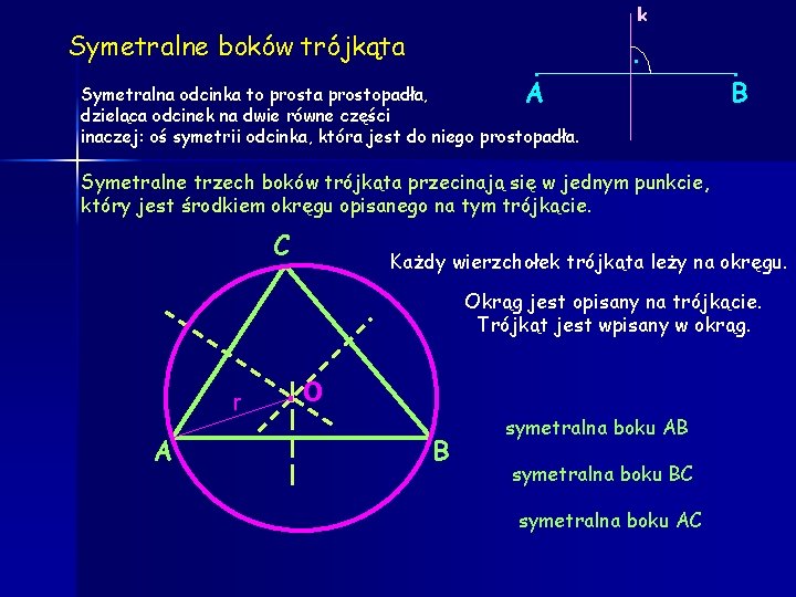 k Symetralne boków trójkąta . A . Symetralna odcinka to prosta prostopadła, dzieląca odcinek