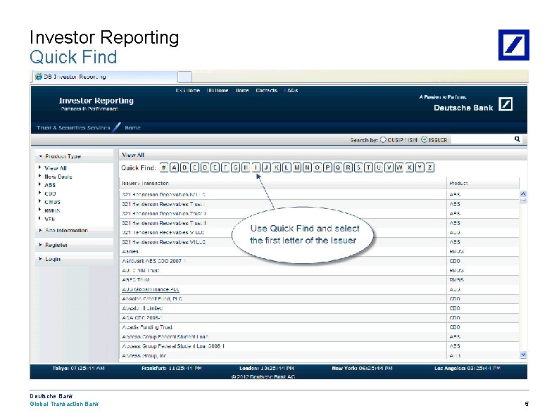 Investor Reporting Quick Find Deutsche Bank Global Transaction Bank 12/5/2020 8: 38: 04 PM