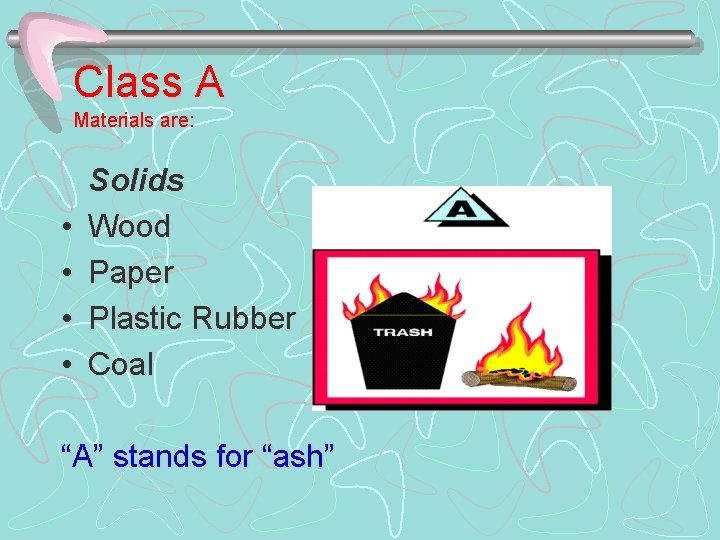 Class A Materials are: • • Solids Wood Paper Plastic Rubber Coal “A” stands