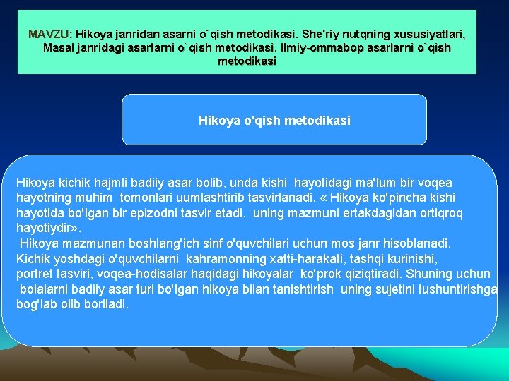 MAVZU: Hikoya janridan asarni o`qish mеtodikasi. Shе'riy nutqning xususiyatlari, Masal janridagi asarlarni o`qish mеtodikasi.